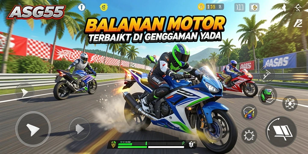 Screenshot gameplay ASG55 menampilkan aksi balapan motor yang mendebarkan.