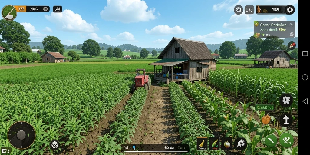 Tampilan gameplay D73 yang menampilkan ladang pertanian yang subur.