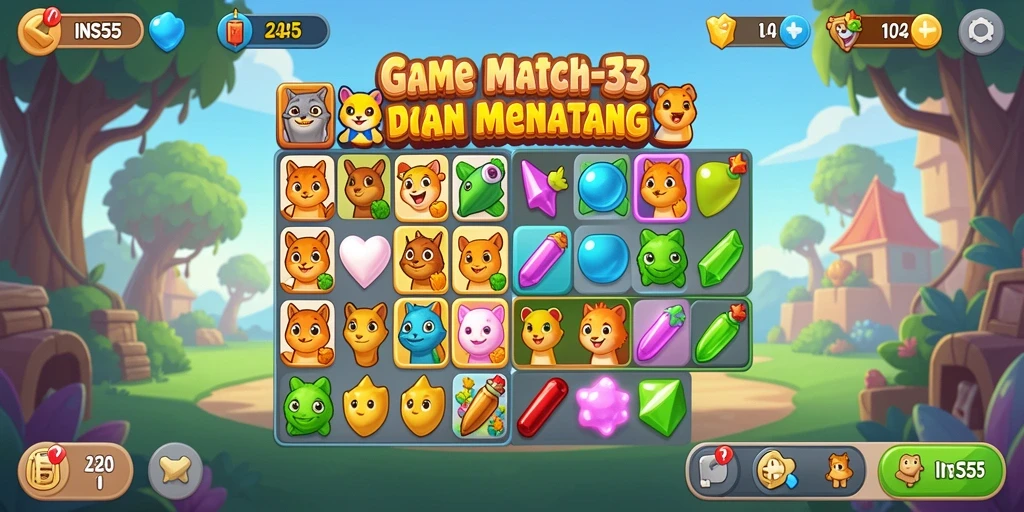 Tangkapan layar INS55 menunjukkan gameplay Match-3 yang seru dan penuh warna.