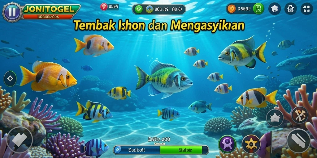 Tampilan gameplay seru JONITOGEL saat menangkap ikan.