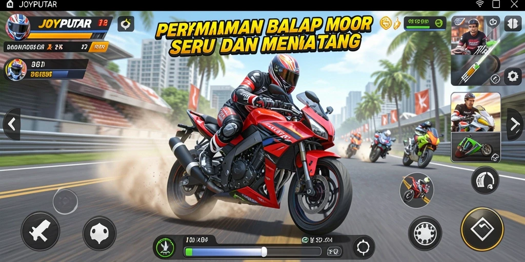 Tampilan gameplay <strong>JOYPUTAR</strong> dengan balapan motor yang seru dan menegangkan.