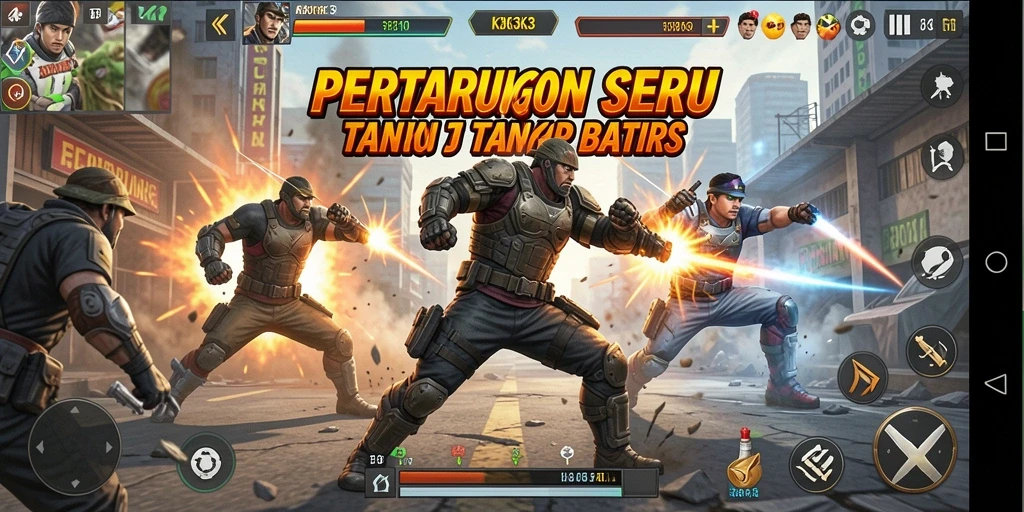 Screenshot gameplay K3K3 menampilkan aksi pertarungan epik dengan karakter-karakter unik.