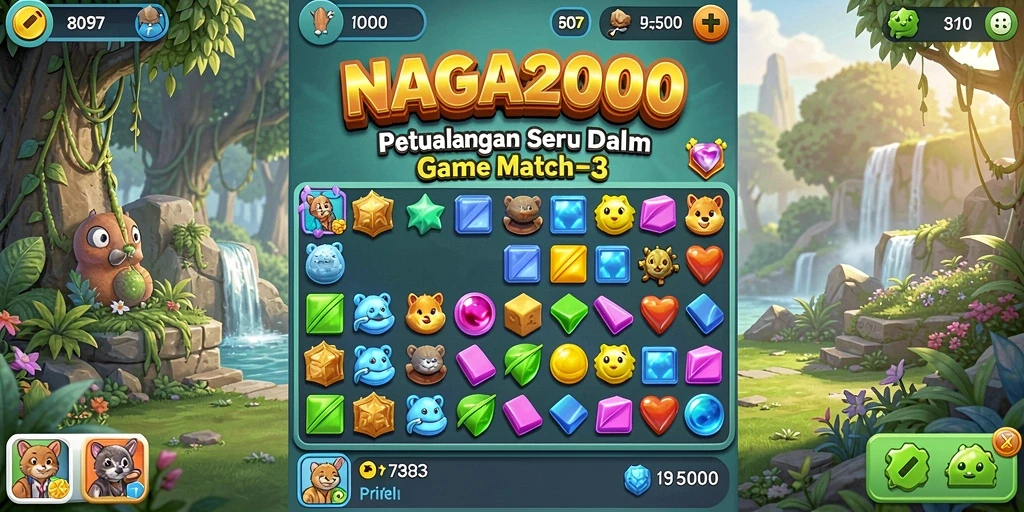 Screenshot gameplay NAGA2000 yang menunjukkan puzzle Match-3 yang menantang.
