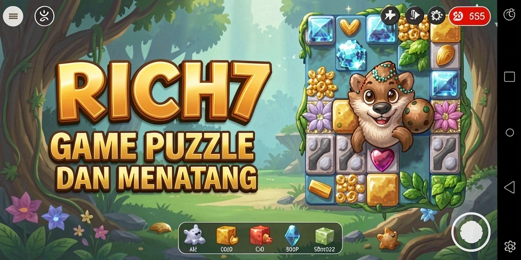 Screenshot gameplay RICH7 menampilkan level Puzzle yang penuh warna.