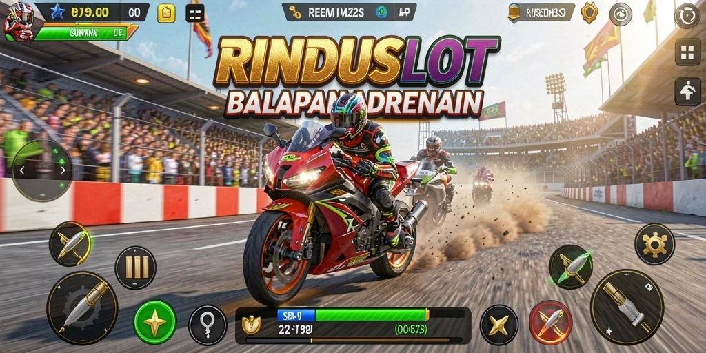 Gameplay seru RINDUSLOT dengan balapan motor di lintasan menantang.