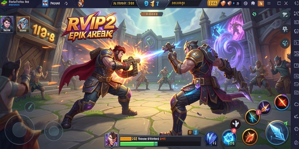 Screenshot gameplay RVIP2 menunjukkan pertarungan tim yang intens di arena MOBA.