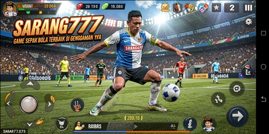 Screenshot gameplay SARANG777 menampilkan aksi seru dalam pertandingan sepak bola.