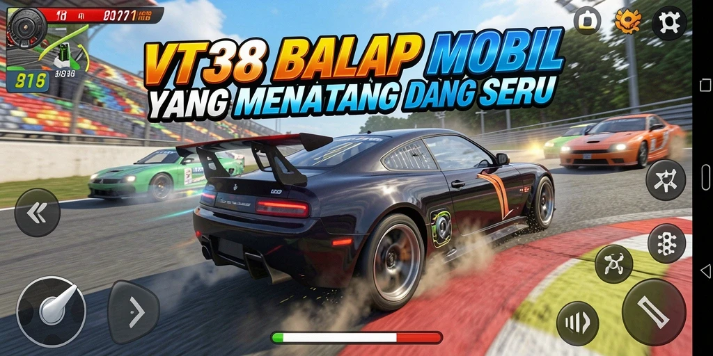 Screenshot utama VT38 menampilkan momen balap yang intens.