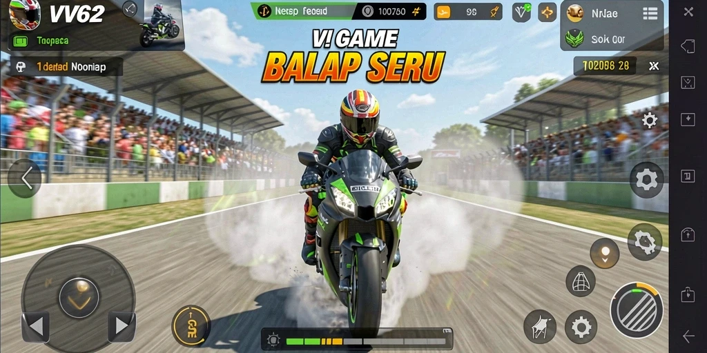 Screenshot gameplay VV62 menampilkan balapan motor yang seru dan intens.
